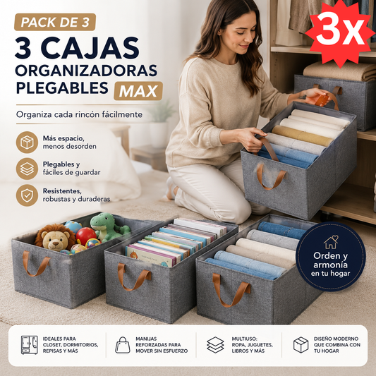3 Cajas Organizadoras Plegables Max - Organiza cada rincón fácilmente.