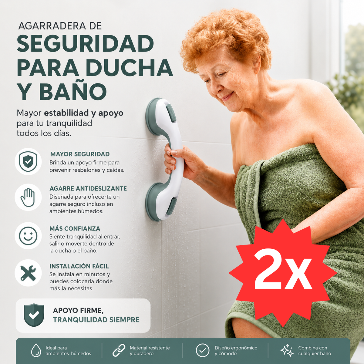 Agarradera de Seguridad para Ducha y Baño - Mayor estabilidad y apoyo para moverte con confianza