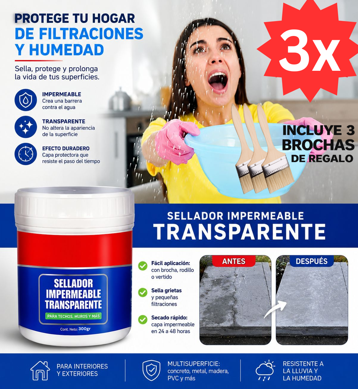 Pack 3 x GEL SELLADOR IMPERMEABLE 300GR (incluye 3 brochas de regalo) - Olvídate de las goteras