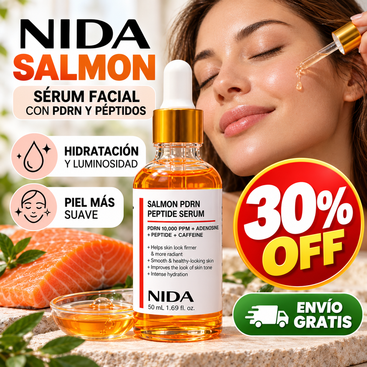 Nida Salmon Serum facial con PDRN - Hidratación y luminosidad facial