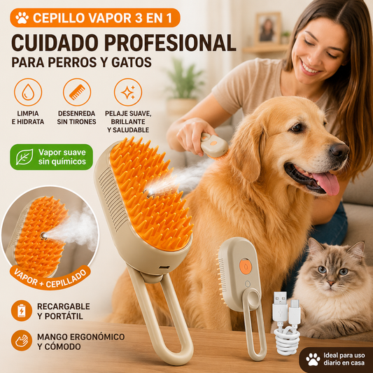 Cepillo Vapor 3 en 1 para Perros y Gatos - Pelaje limpio y suave