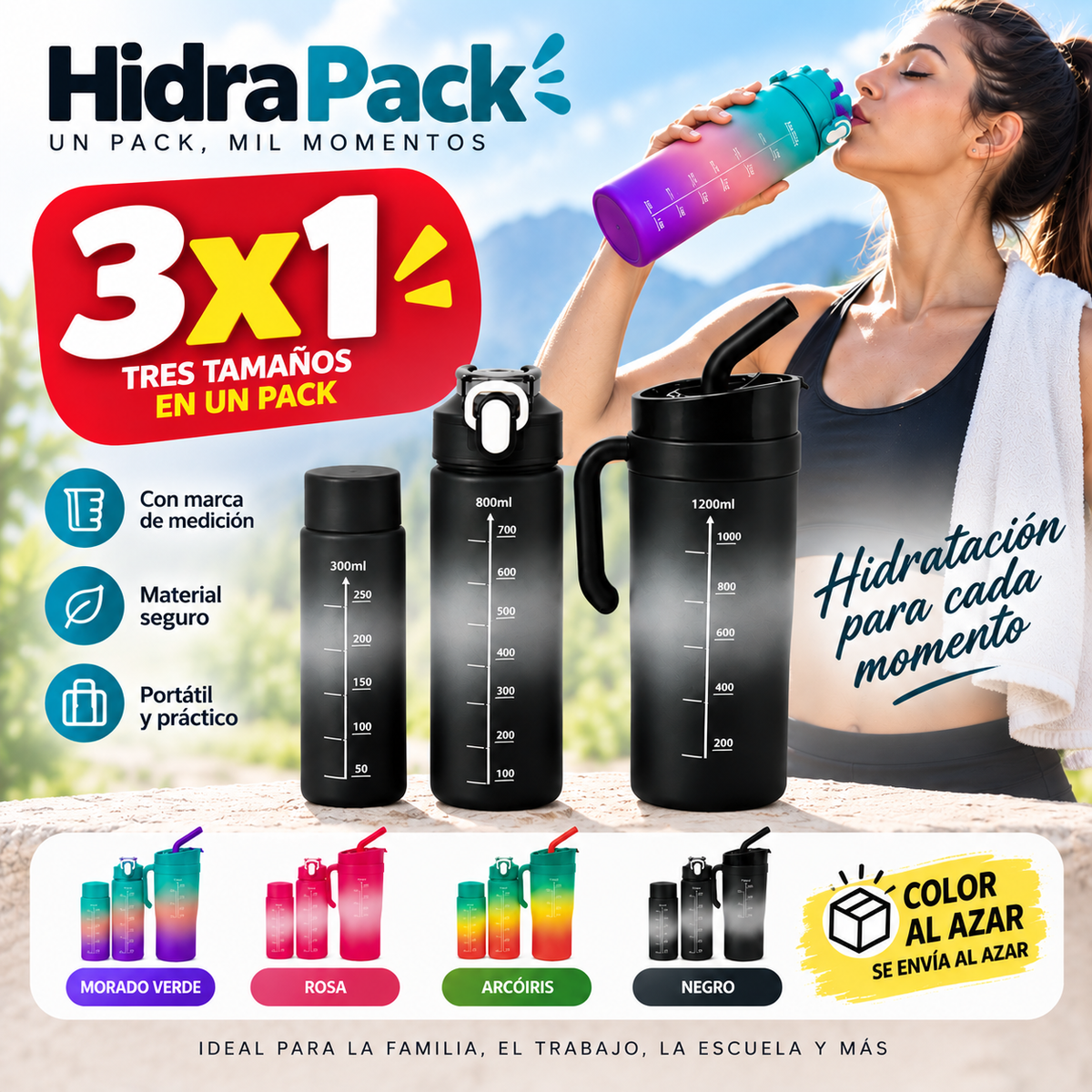 HidraPack (1200ml, 800ml y 300ml) - Tres tamaños, más practicidad (Color al azar)