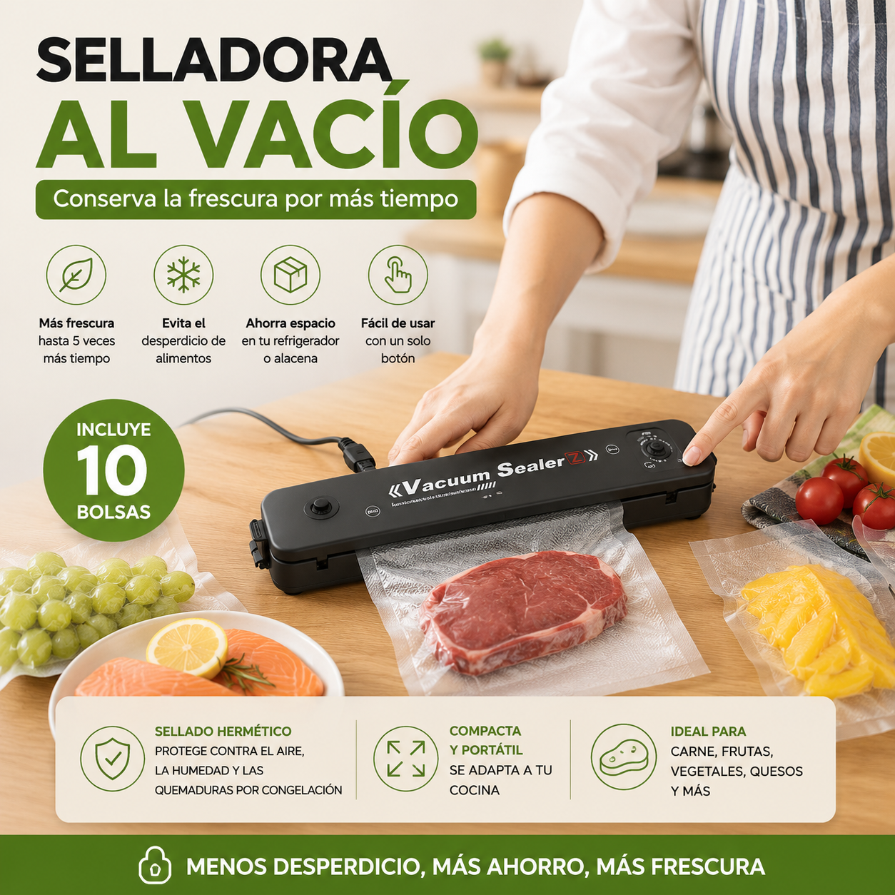 Selladora al Vacío Pro™ (Incluye 10 bolsas) - Conserva por más tiempo