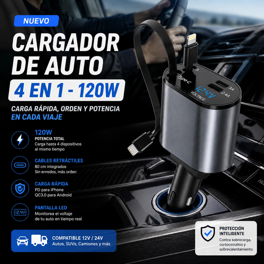 Cargador de Auto 4 en 1 Pro 120W - Carga rápida, cero desorden.