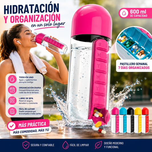 Botella de agua con pastillero -  Todo en un solo lugar