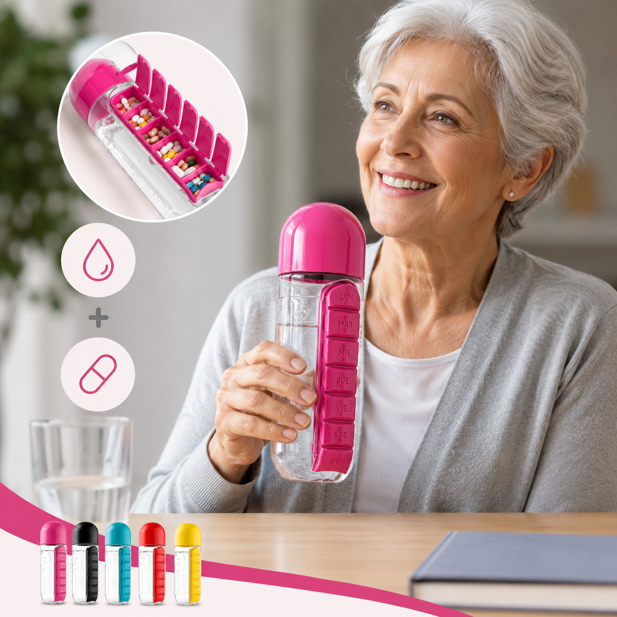 Botella de agua con pastillero -  Todo en un solo lugar