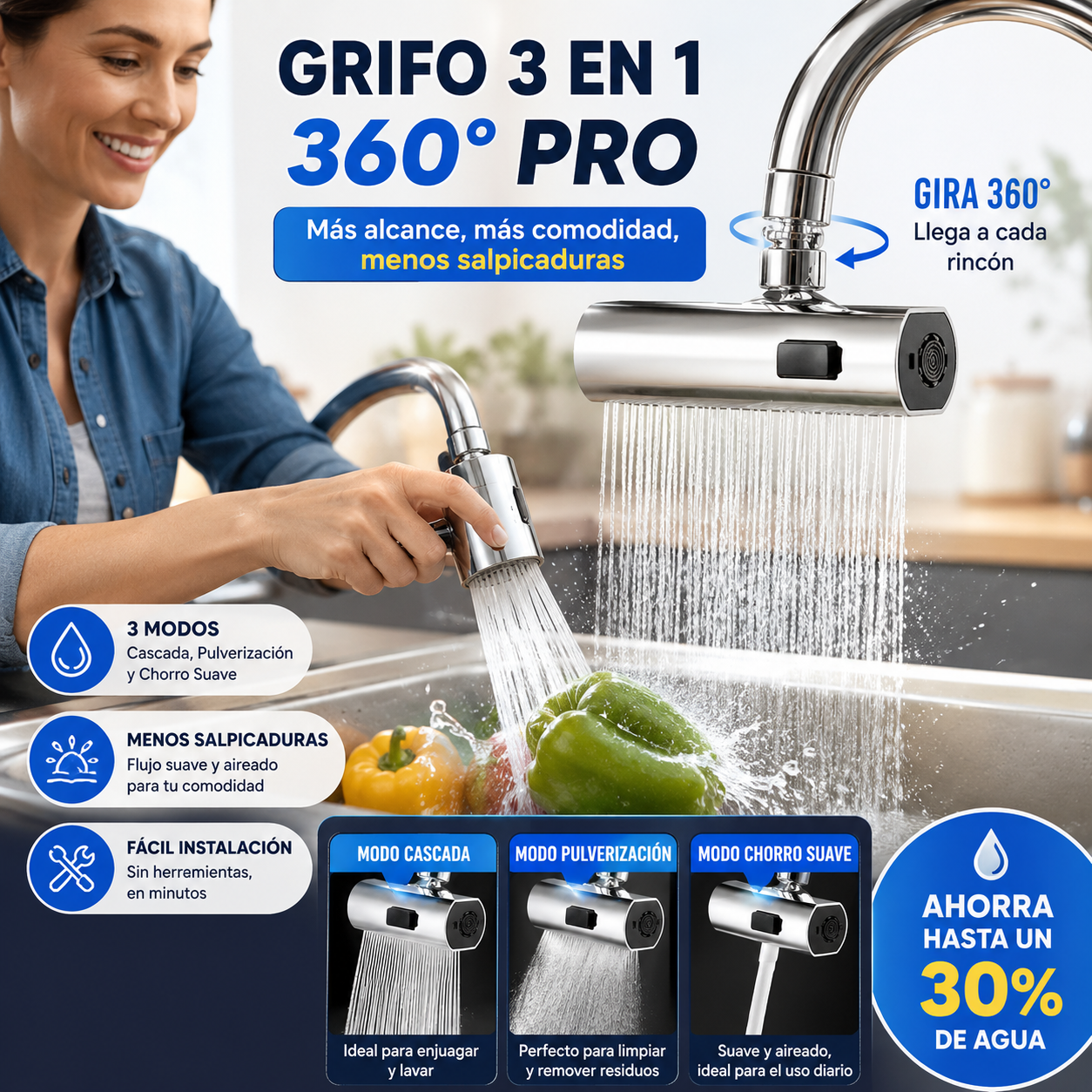 Grifo Flexible Pro 360° - Tres modos, una solución.