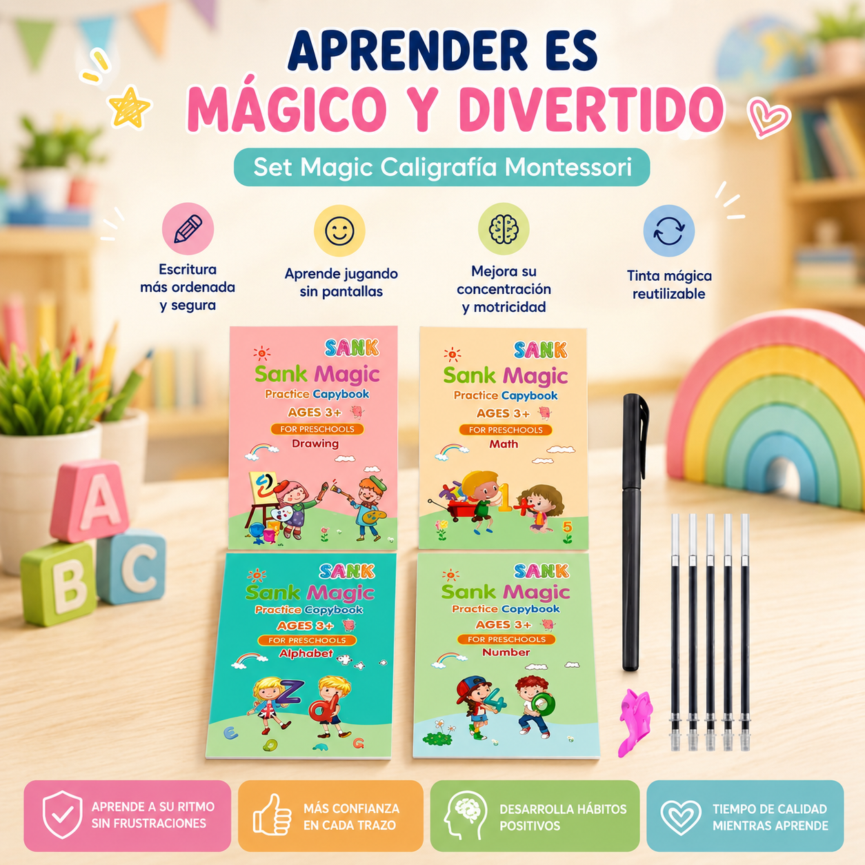 Set 4 cuadernos magic caligrafia montessori