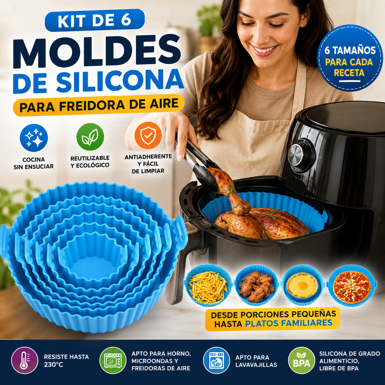 Kit de 6 Moldes Pro para Freidora de Aire™ (Color al azar)⭐ Menos limpieza, más comodidad.