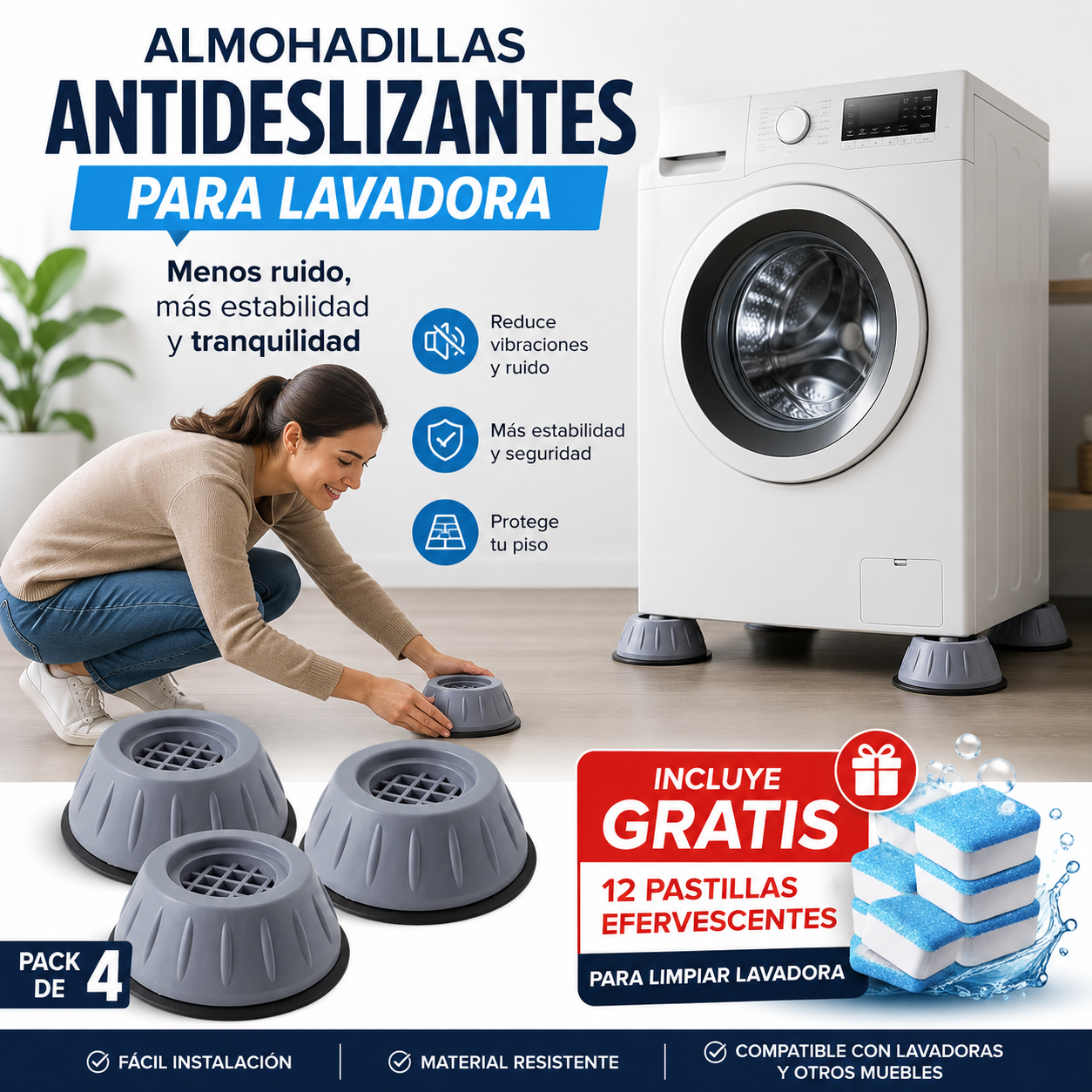 Pack 4 Almohadillas Antideslizantes 🎁 Incluye GRATIS 12 Pastillas Efervescentes para Limpiar Lavadora