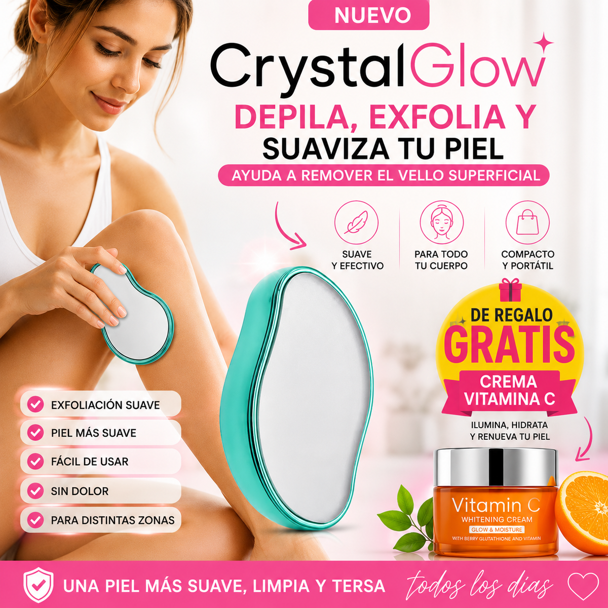 CrystalGlow depilador exfoliante + Crema Vitamina C de REGALO - Exfolia y suaviza tu piel.