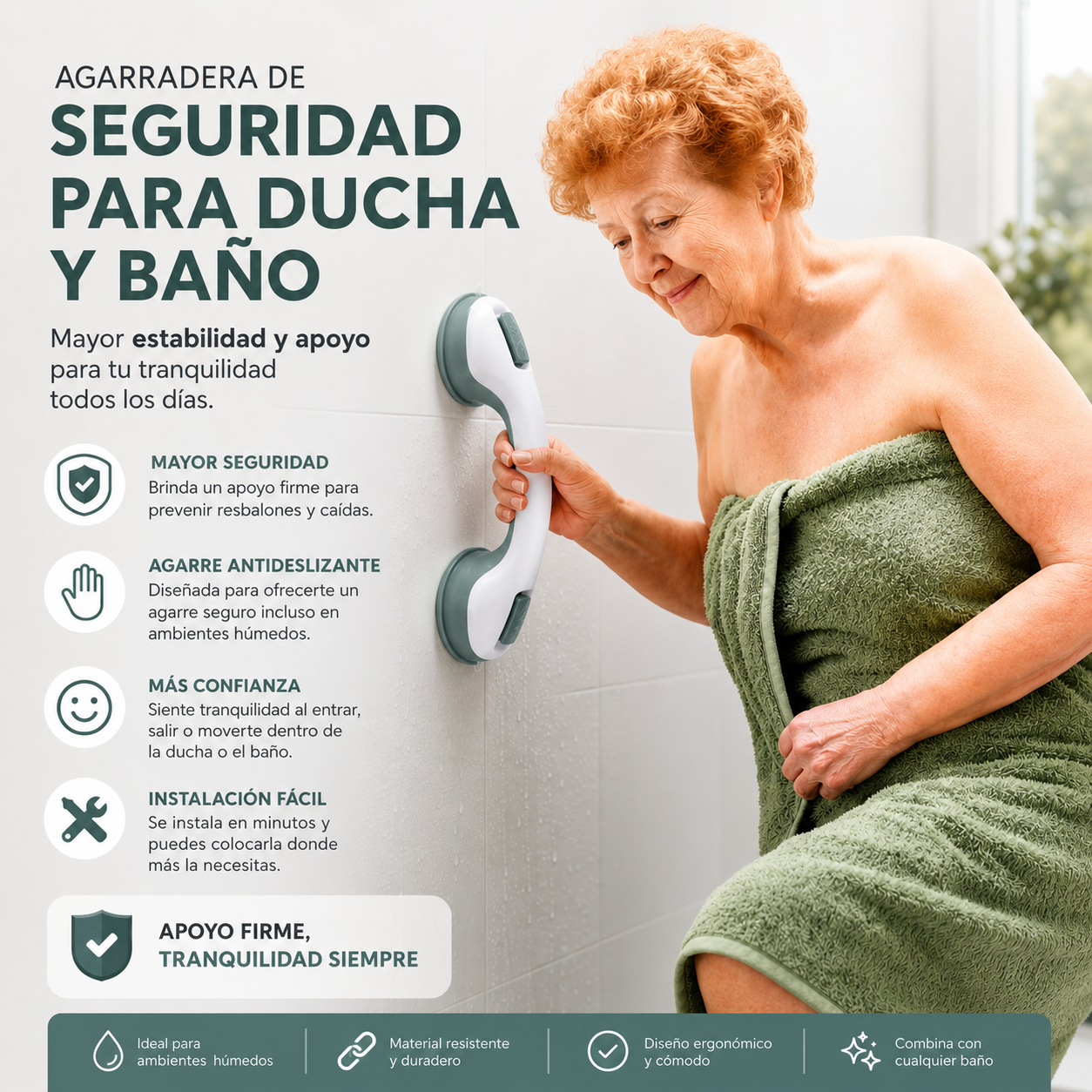 Agarradera de Seguridad para Ducha y Baño - Mayor estabilidad y apoyo para moverte con confianza