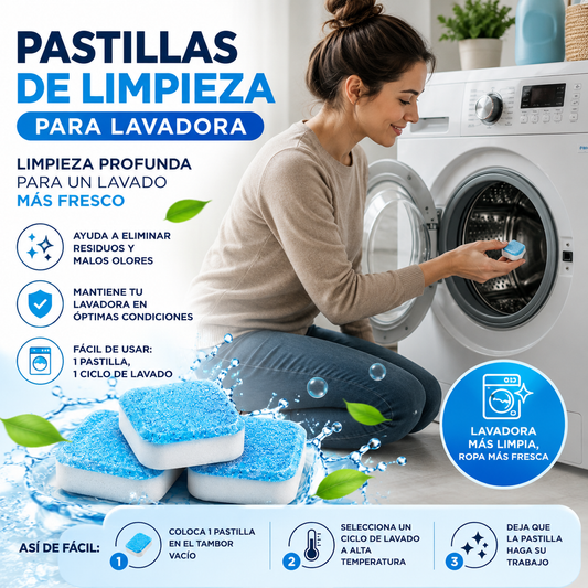 Pastillas de Limpieza para Lavadora (12 Unidades) - Ayuda a eliminar residuos y malos olores.