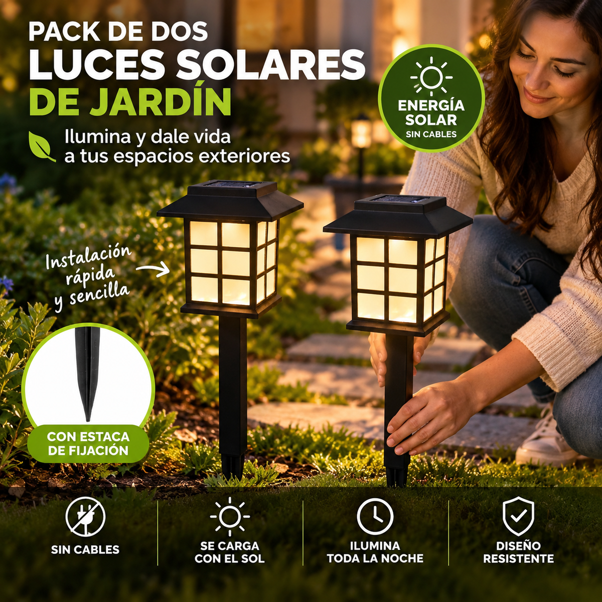 Pack 2 Lámparas Carga Solar LED - Jardín acogedor cada noche