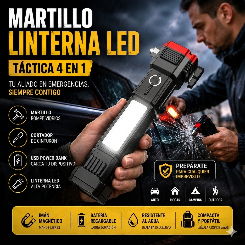 Linterna Martillo LED Táctica 4 en 1 - Prepárate para cualquier emergencia