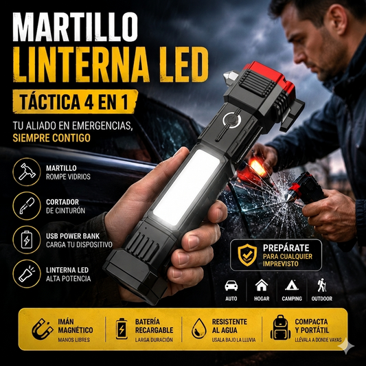 Linterna Martillo LED Táctica 4 en 1 - Prepárate para cualquier emergencia
