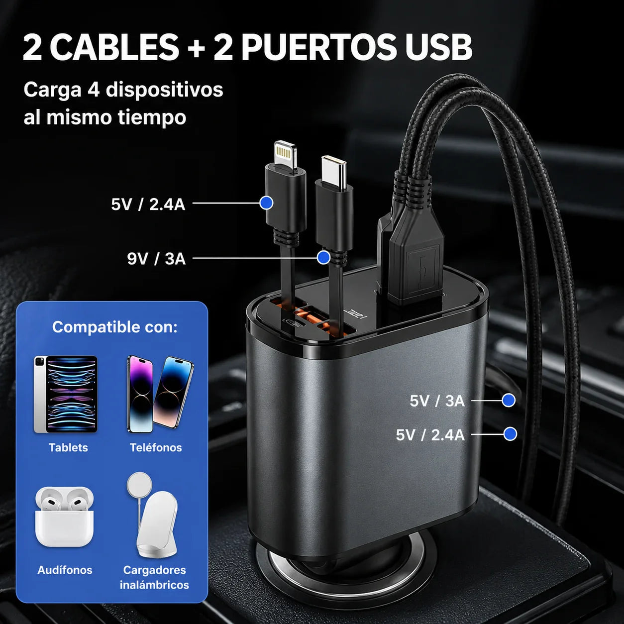 Cargador de Auto 4 en 1 Pro 120W - Carga rápida, cero desorden.